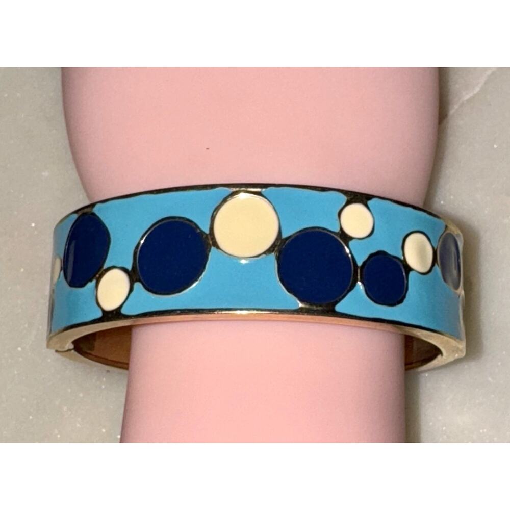 Vintage Multicolor Blue Cream Aqua Circles Gold Tone Trim Clamp Cuff Bracelet